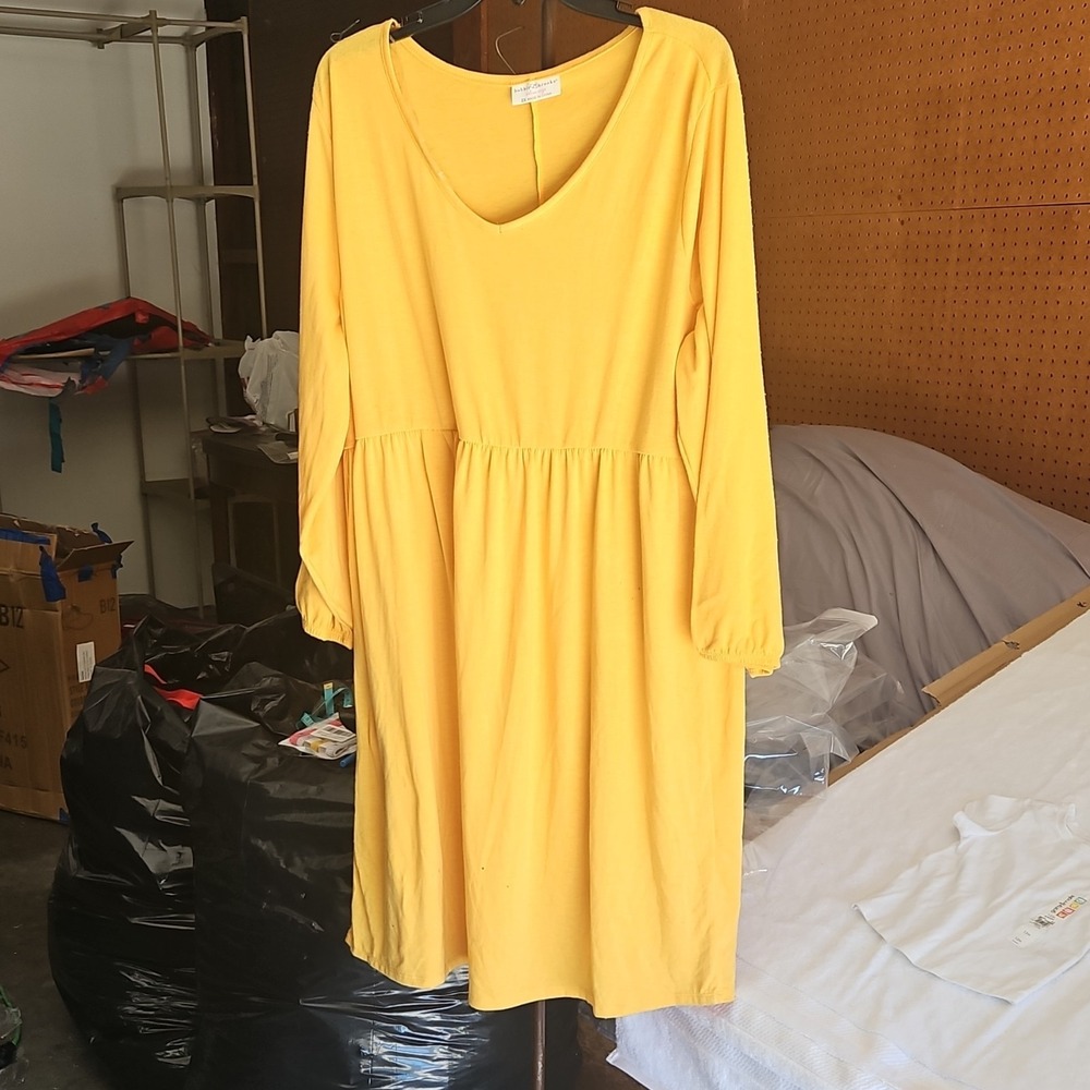 BOBBIE BROOKS Yellow Long Sleeve A-Line Knee Length V-Neck Pullover Dress 2X